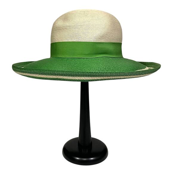 Adele Claire Vintage Hat Women’s Wide Brim Woven Derby Green Ivory Bow Fancy - Picture 3 of 8